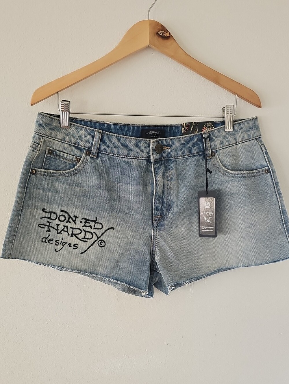 Ed Hardy Born Free Light Tint Wash Denim Front and Back Graphic Cut off Shorts